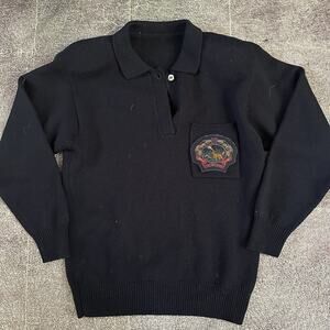 Womens Vintage 80s Duck Hunting Dog Patch Navy Blue Pullover Henley Sweater Sz L